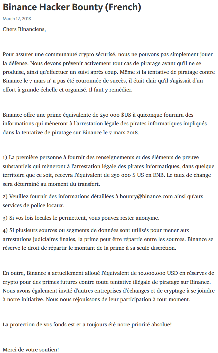 Le communiqué de presse de Binance traduit en Français