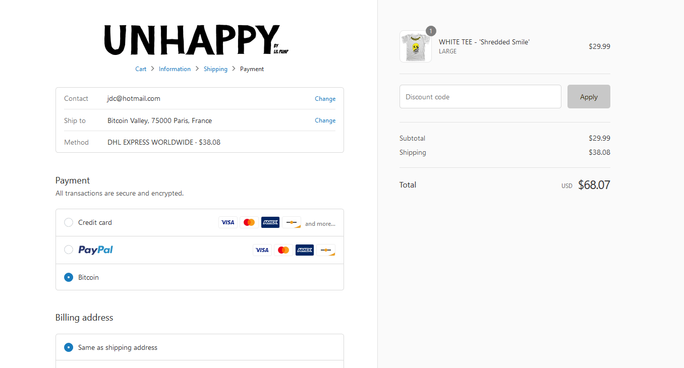 Lil Pump Unhappy accepte Bitcoin BTC