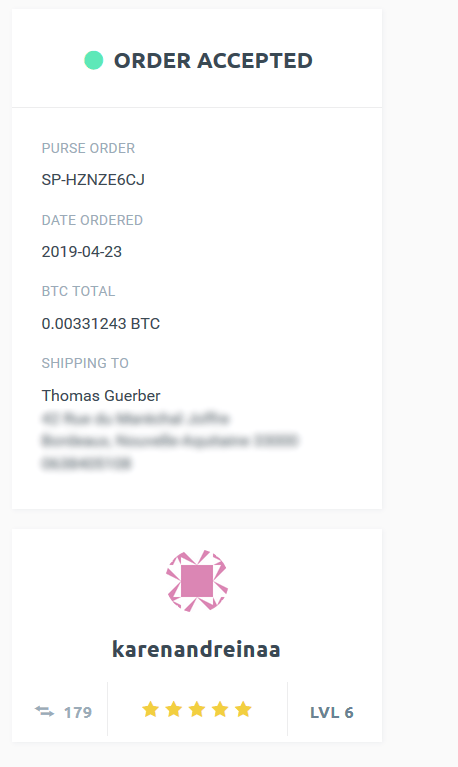 Purse.io confirmation du paiement et profil de l'Earner