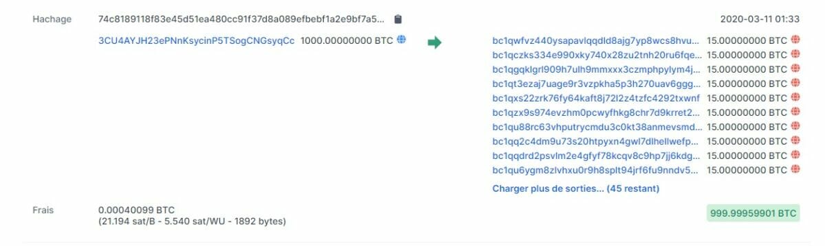 Bitcoin TX 1000 BTC 11 mars