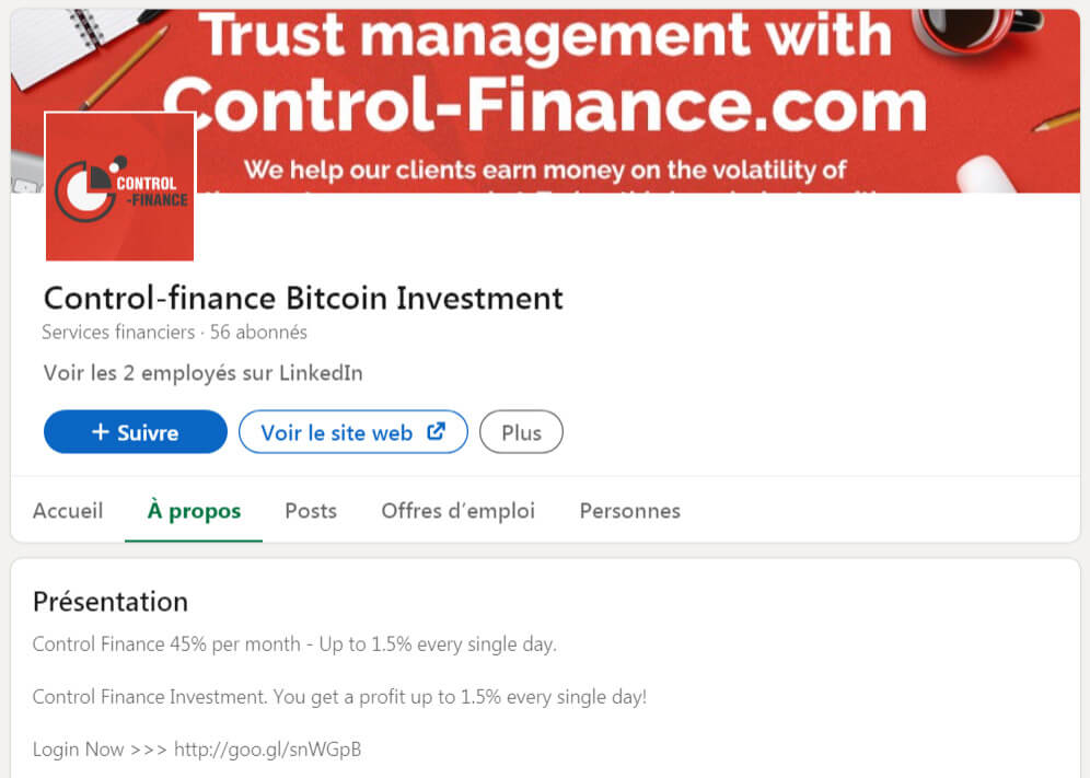 Page LinkedIn de l'arnaque Control-Finance
