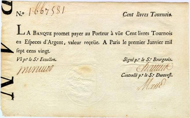 Billet de cent livres émis par la Banque Royale en 1720