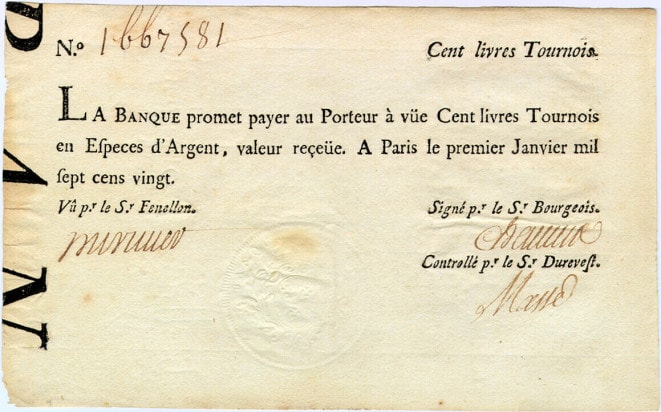 Billet de cent livres émis par la Banque Royale en 1720