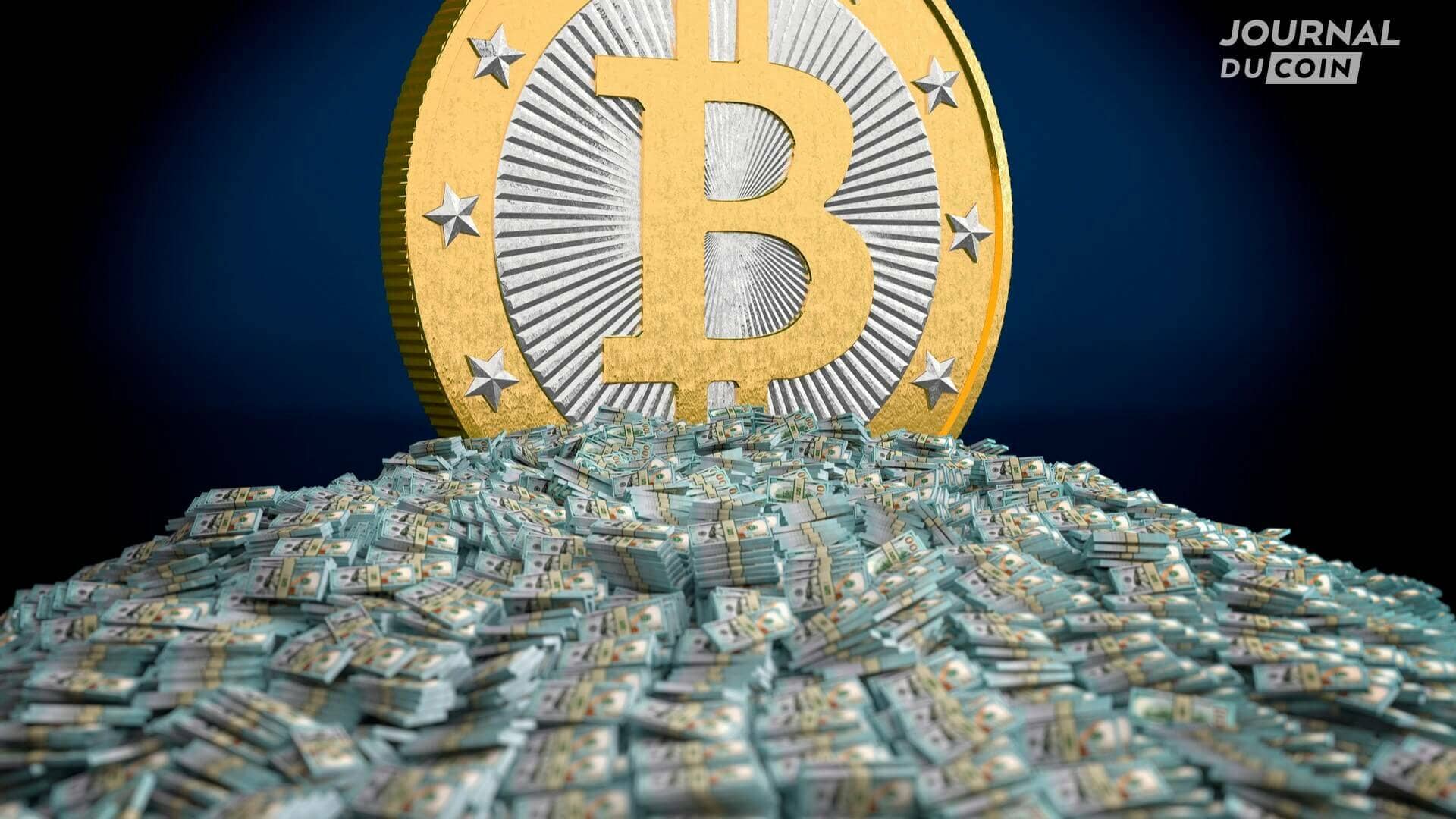 Bitcoin sur une montagne de dollars.