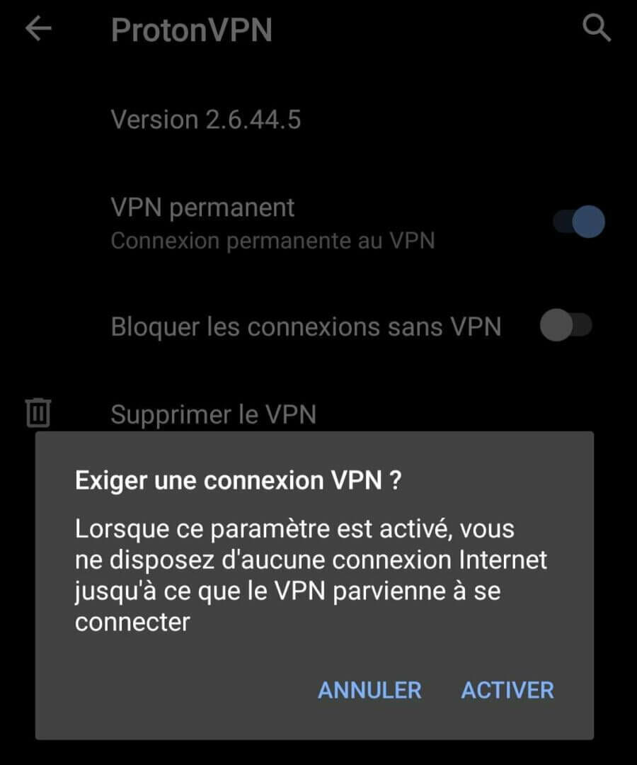 Activation d'un VPN lors de l'installation de GrapheneOS : VPN permanent et blocage des connexions avec ProtonVPN
