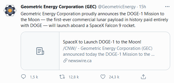 Tweet de Geometric Energy Corporation  annonçant la mission DOGE-1 en collaboration avec SpaceX et entièrement financée en DOGE