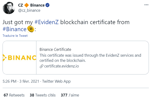 Binance est un utilisatuer fidèle de la solution de certification on-chain proposée par EvidenZ
