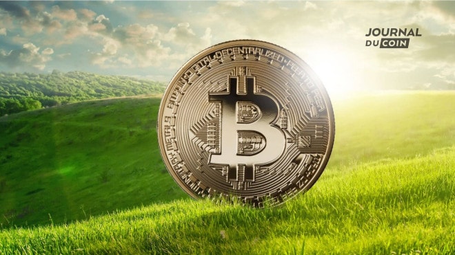 Un Bitcoin dans un champs, symbole d'une industrie d'extraction de cryptomonnaies durable ?