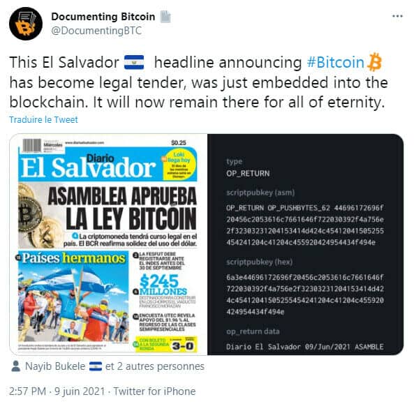 Une du journal "El Salvador" annonçant la léglaisatn du Bitcoin est gravée dans la blockchain du BTC