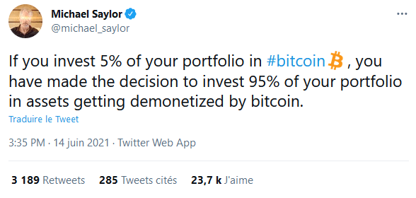 Publication de Michael Saylor sur l'importance d'investir dans Bitcoin - Source : Twitter