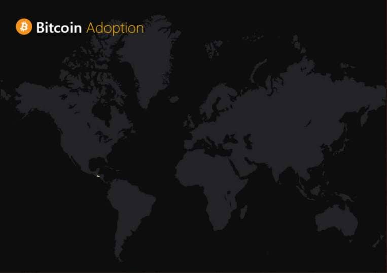 Carte du monde de adoption de Bitcoin en tant que monnaie légale où seul le Salvador est mentionné