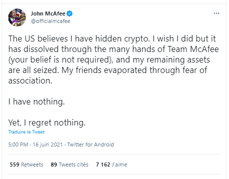 John McAfee cryptomonnaie ruiné