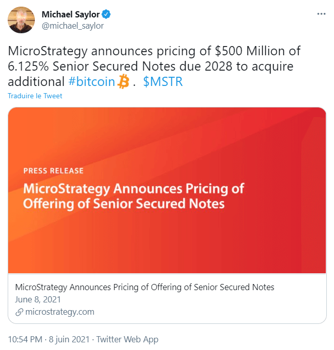 Publication de Michael Saylor sur l'émission de la dette supplémentaire - Source : Twitter