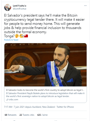 Lord Fusitu'a félicite le président du Salvador pour son projet d'instaurer Bitcoin comme monnaie officielle et conclue par "Et Tonga?" 