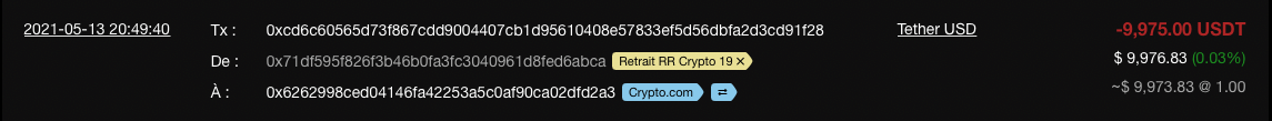 Retrait le 13 mai 2021 vers Crypto.com, Source : Ethplorer, données JDC.