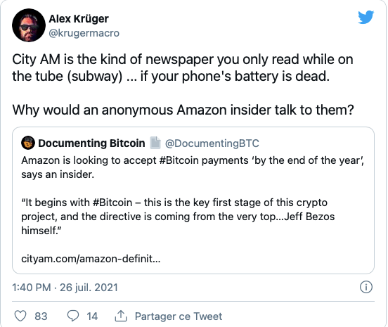 Tweet d'Alex Kruger critiquant le sérieux du média CityAM, et s'étonnant qu'une information aussi importante que du Bitcoin sur Amazon n'ait pas été révélée à plus gros média.