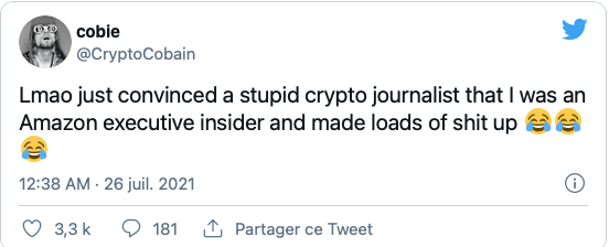 Tweet moqueur d'un crypto-anonyme jouant sur les dernières fake news propagées depuis Twitter vers les médias mainstream.