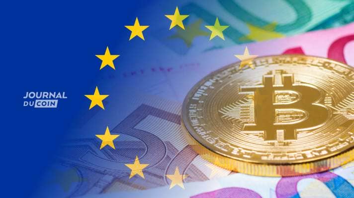 pièce jeton bitcoin billet argent 50 euros drapeau union européenne