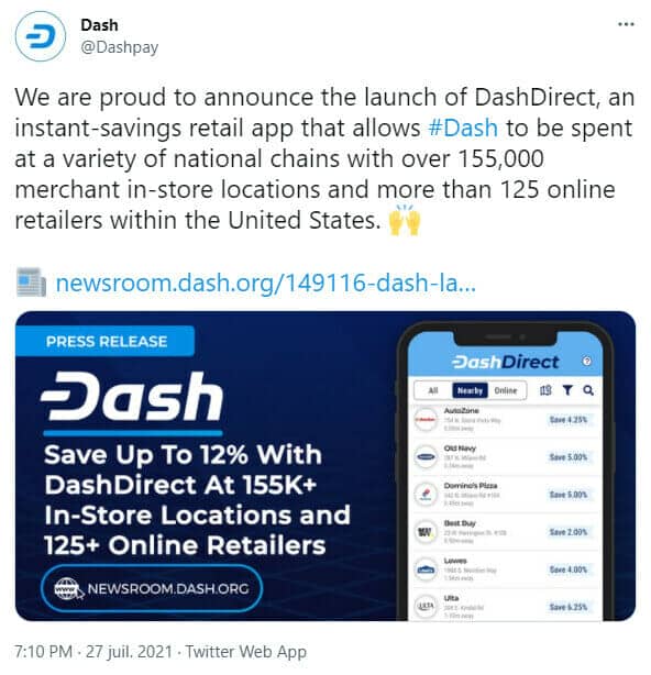 Publication Twitter de Dash annonçant de lancement de son application DashDirect visant à faciliter les paiements de détail