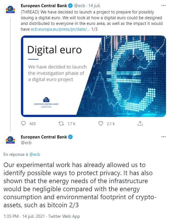 Publication Twitter de la BCE sur son projet d'euro numérique