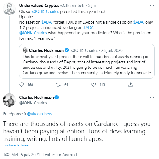 Publication Twitter de Charles Hoskinson sur la présence d'actifs et de dApps sur Cardano, en réponse aux critiques d'Undervalued Cryptos