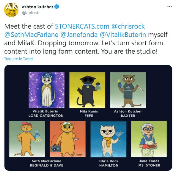 Publication Twitter d'Ashton Kutcher faisant la promotion du dessin animé Stoner Cats