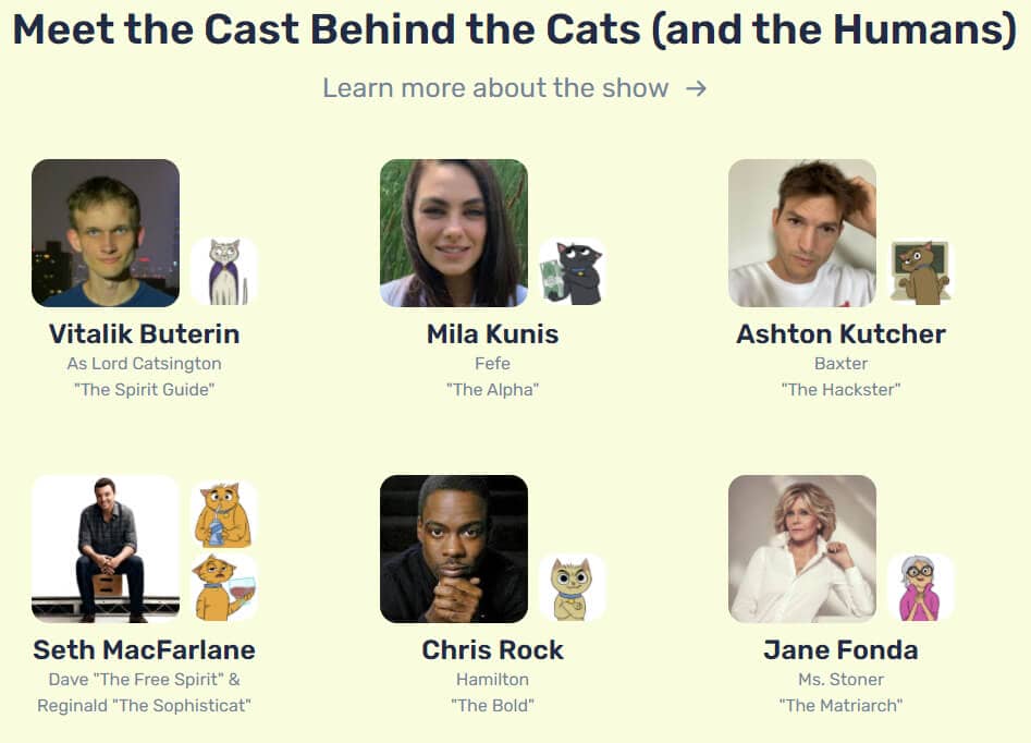 Distribution des rôle dans le dessin animé « Stoner Cats », mettant en avant des stars d'Hollywood et le créateur d'Ethereum, Vitalik Buterin