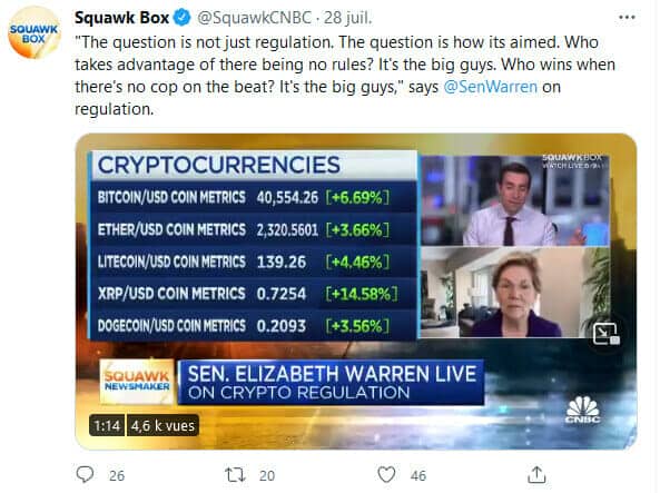 Interview d'Elizabeth Warren sur CNBC portant sur l'encadrement des cryptomonnaies et le durcissement des règlementations pour les entreprises de cryptomonnaies 