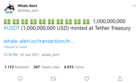 Tweet du compte Whale Alert faisant état de la création d'1 milliard d'USDT par Tether