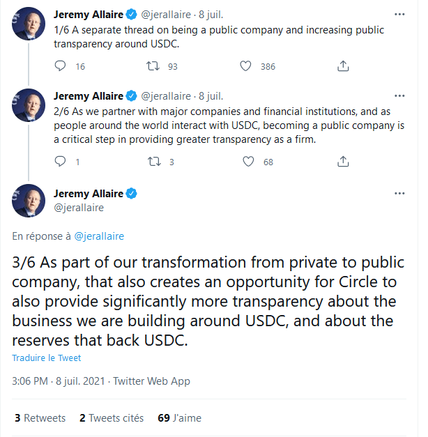 Série de tweets de Jeremy Allaire relatives au processus d'introduction en bourse de Circle et à l'amélioration de la transparence de l'entreprise 