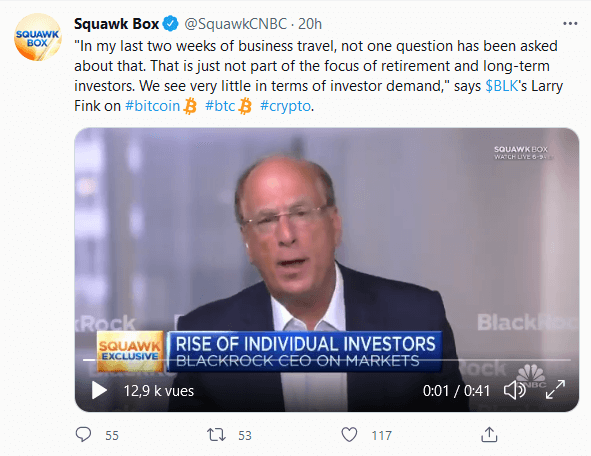 Tweet de l'émission Squawk Box sur CNBC relatif à l'interview de Larry Fink et à la demande d'actifs numériques de la part des clients de BlackRock