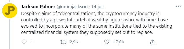 Publication Twitter de Jack Palmer critiquant le caractère non decentralisé des cryptomonnaies