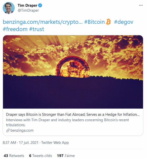Publication Twitter de Tim Draper confirmant son optimisme pour un bitcoin à 250 000 dollars d'ici 2023