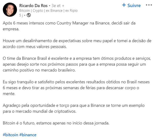 Publication LinkedIn de Ricardo Da Ros après sa démission au poste de directeur de Binance Brésil