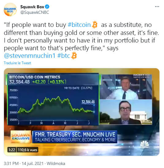 Publication Twitter : l'ancien secrétaire au Trésor américain, Steven Munchin, a un avis plus nuancé envers Bitcoin