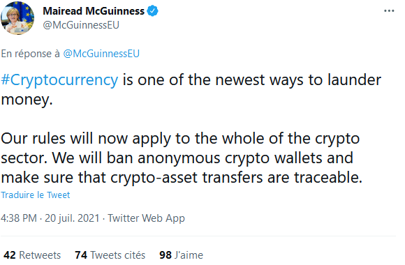 Tweet de Mairead McGuinness, commissaire européenne chargée des services financiers affirmant une volonté de bannir les portefeuilles anonymes
