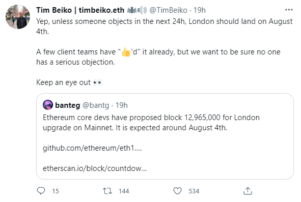 Sur Twitter, Tim Beiko a annoncé la date du 4 août pour l'upgrade London d'Ethereum