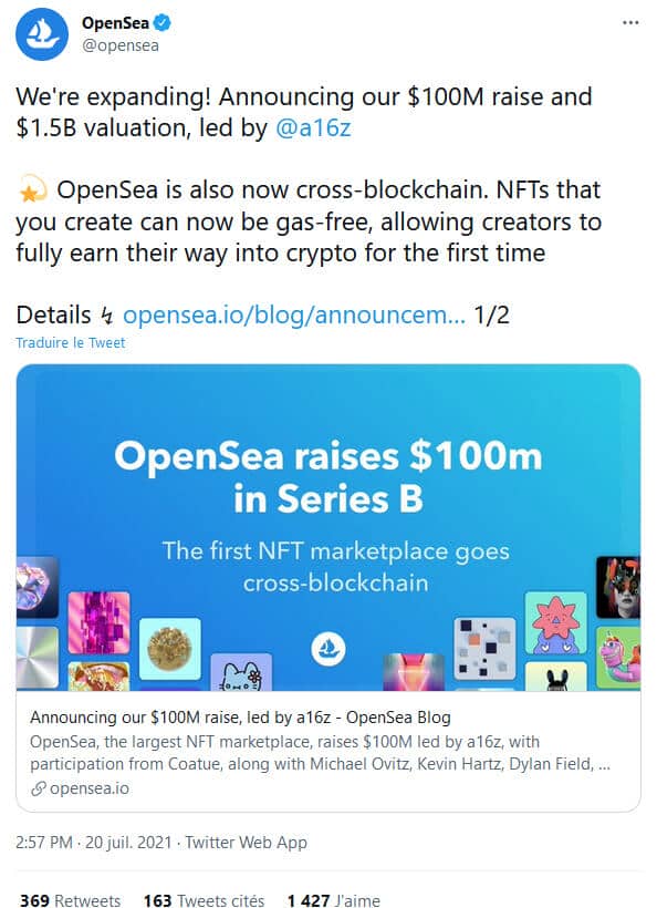 Publication Twitter d’Opensea annonçant la réussite de sa levée de fonds de 100 millions de dollars menée par a16z