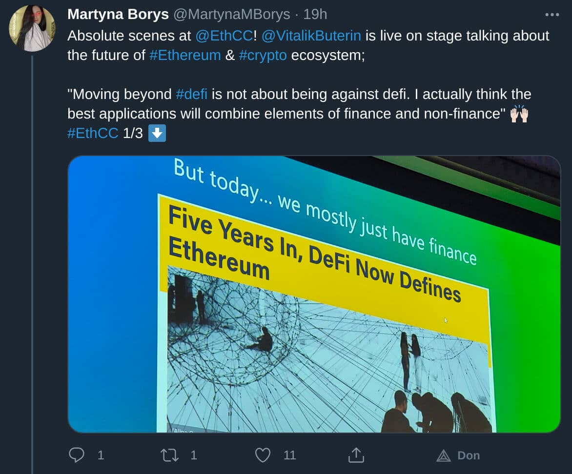 Publication Twitter de Martyna Borys sur l'Ethereum Community Conference, à propos de l'importance que la DeFi a pris dans Ethereum depuis 5 ans