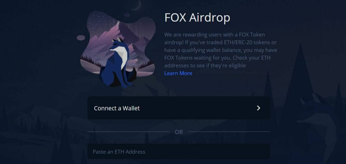 Page de vérification de l'airdrop de tokens FOX par shapeshift