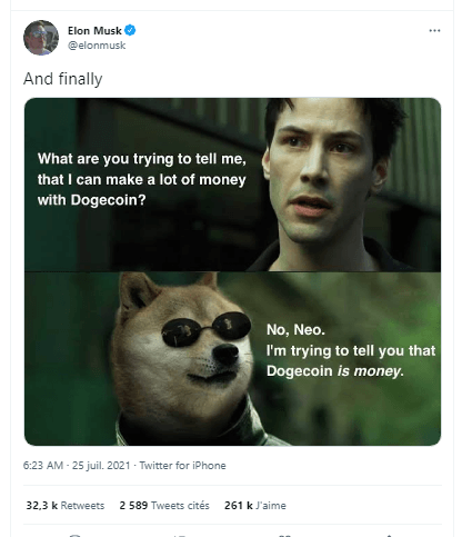 Dogecoin et Matrix : Elon Musk se sert de Neo pour faire comprendre que le DOGE est une monnaie.