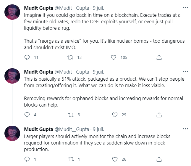 Publication de Mudit Gupta sur Twitter sur les dangers d'une attaque des 51 % sur Ethereum