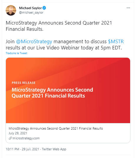Publication Twitter de MicroStrategy annonçant la volonté de Michael Saylor, le CEO, à acheter davantage bitcoins (BTC), malgré les pertes comptables