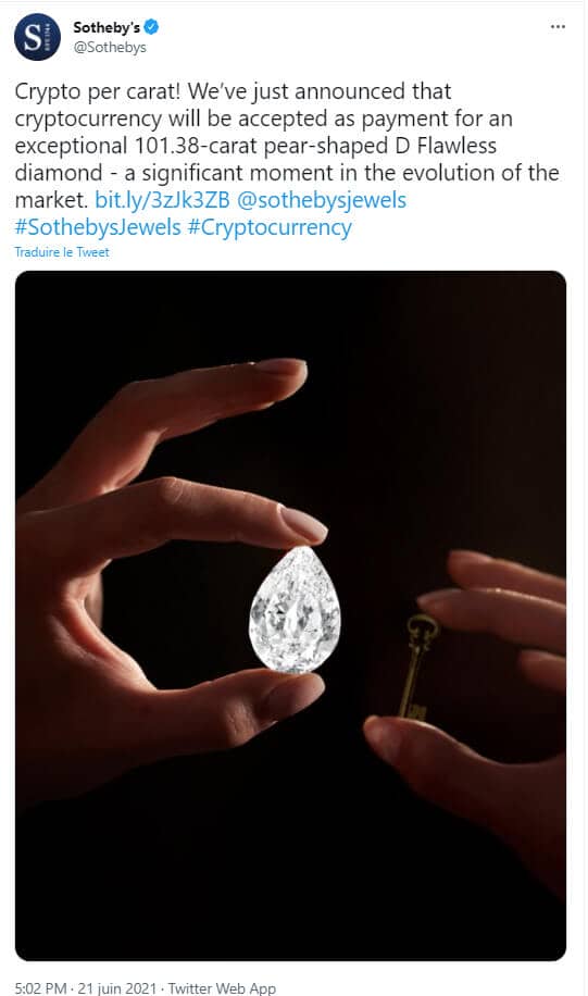 Publication Twitter de Sotheby's sur la vente d'un diamant à 12 millions de dollars