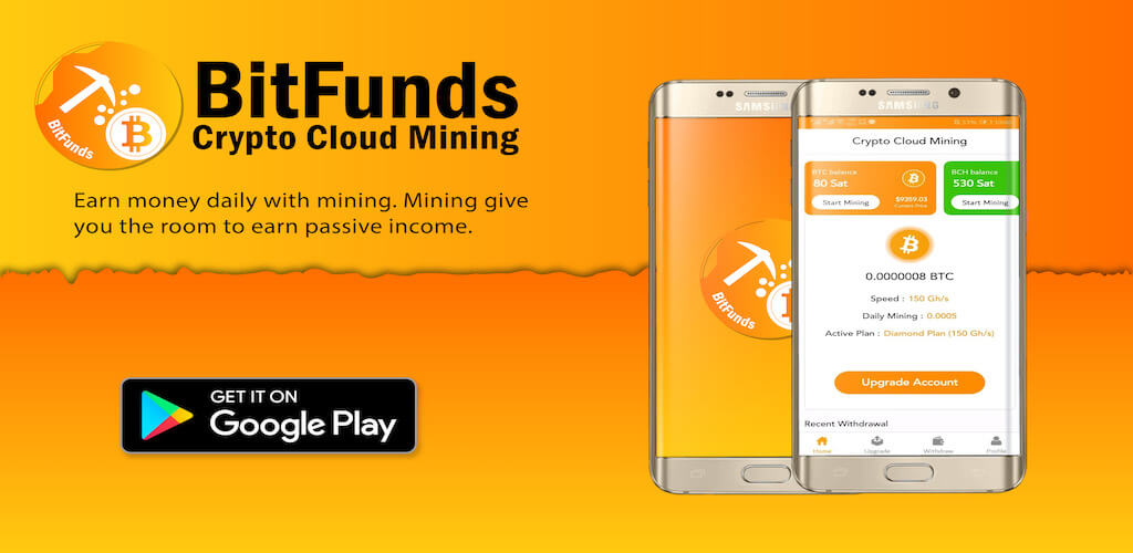 Interface de l'application bannie BitFunds Crypto Cloud Mining
