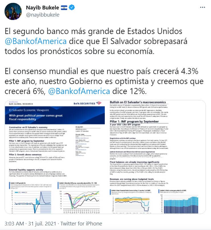 Publication Twitter du président du Salvador Nayib Bukele, partageant le rapport de la Bank of America sur l'essor économique du Salvador