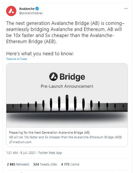 Publication Twitter d'Avalanche à propos de la vitesse vitesse plus élevée et des coûts réduits de l'Avalanche Bridge (AB)