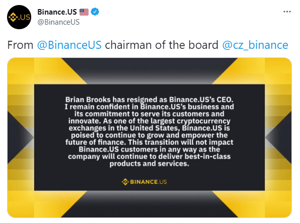 Publication Twitter de Binance US, où Changpeng « CZ » Zhao rassure ses clients des Etats-Unis que le départ de Brian Brooks n'aura pas d'impact sur les activités de Binance US