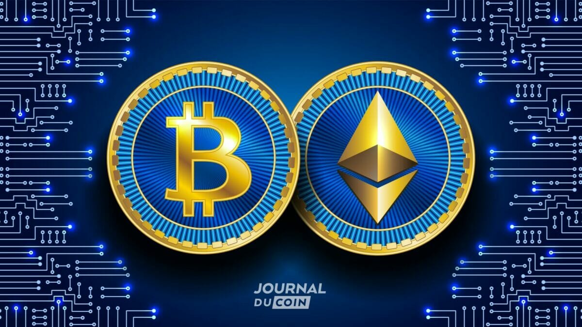 Logo de Bitcoin et Ethereum symbolisés sur des pièces (coins).