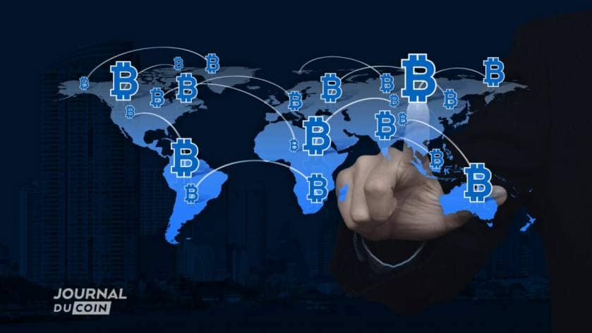 This is an overview of the globe on which the exchange of bitcoins between countries is symbolized.